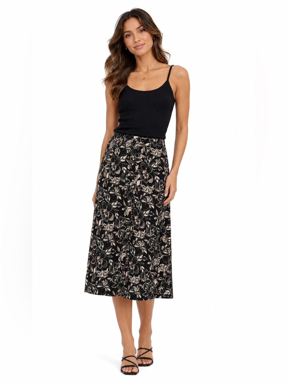 Old Navy Black Floral Elastic Waist Button Front Midi Skirt Women XL Tall